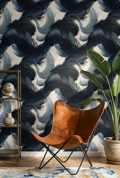 Lacivert Fırça Darbeli Soyut Duvar Kağıdı Modern Salon