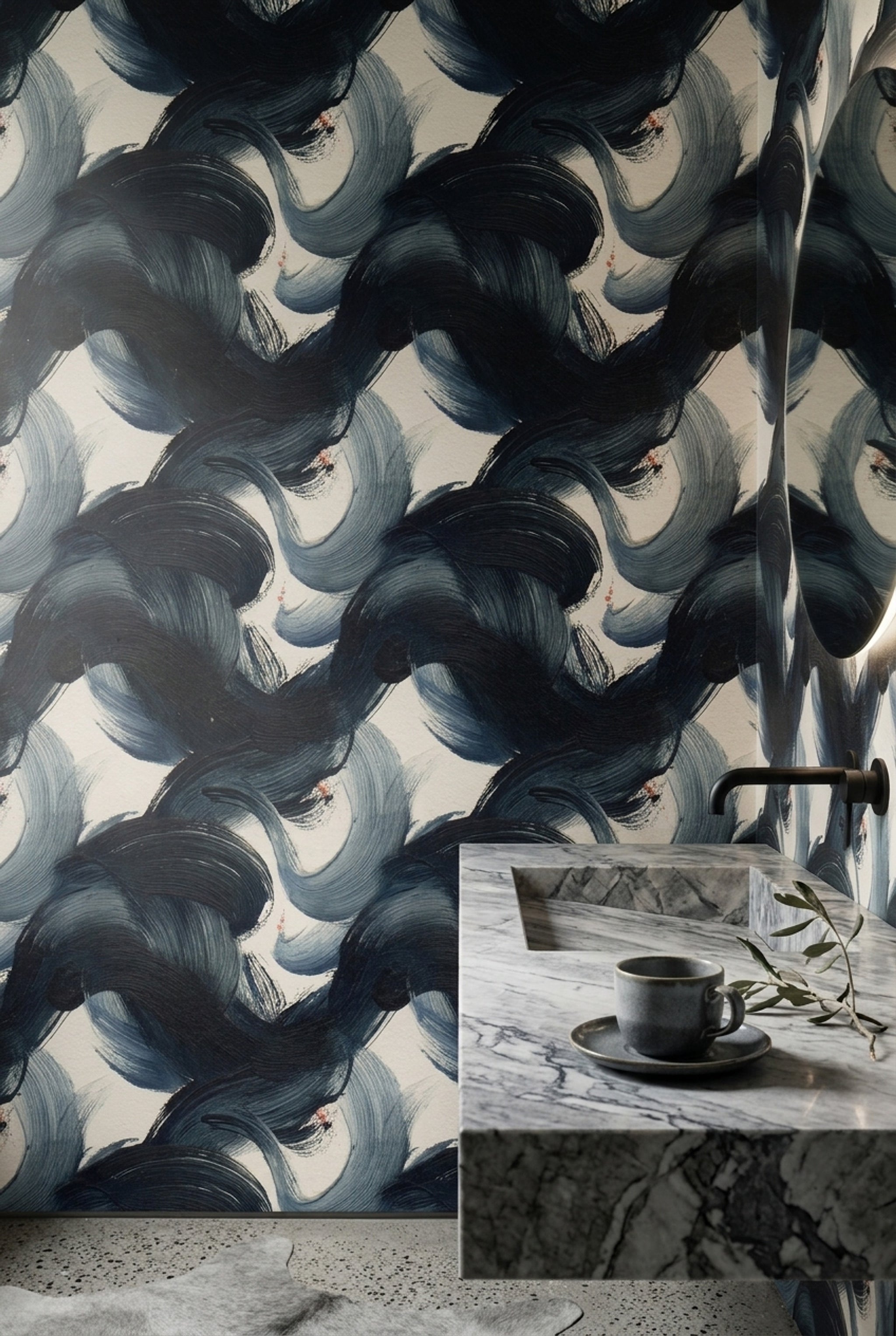 Lacivert Fırça Darbeli Soyut Duvar Kağıdı Modern Salon