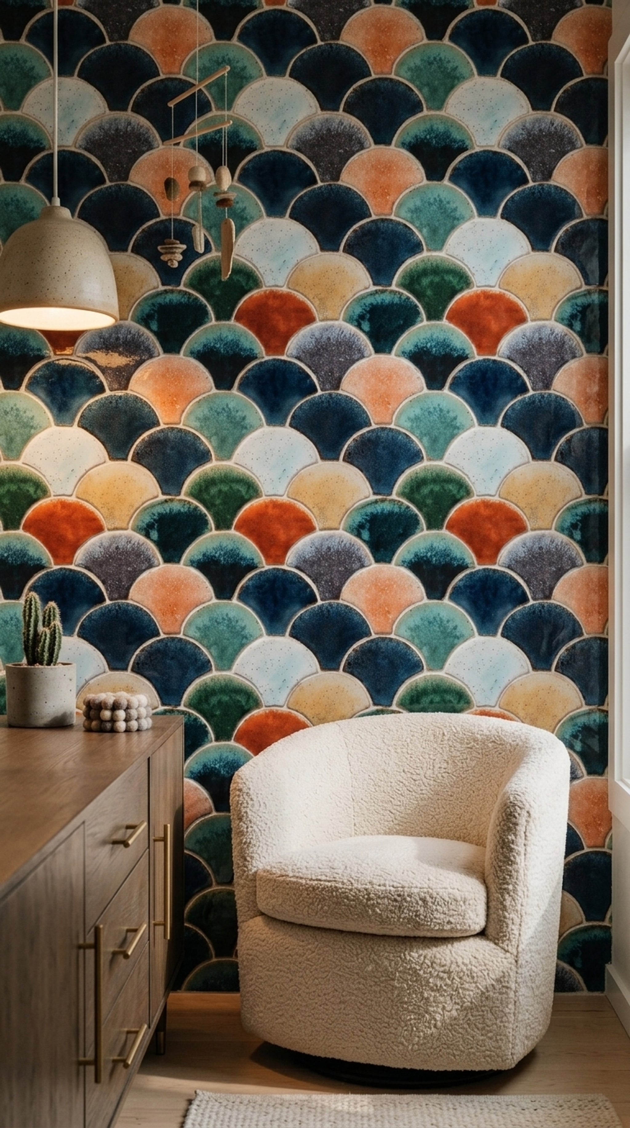 Renkli Balık Pulu Desenli Duvar Kağıdı Modern Salon