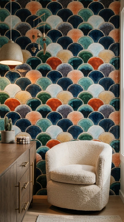 Renkli Balık Pulu Desenli Duvar Kağıdı Modern Salon
