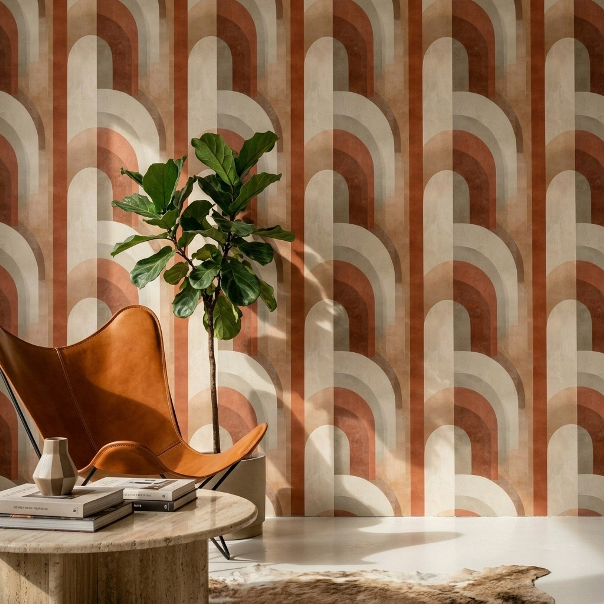 Retro Kemer Desenli Duvar Kağıdı Kiremit Bej Salon