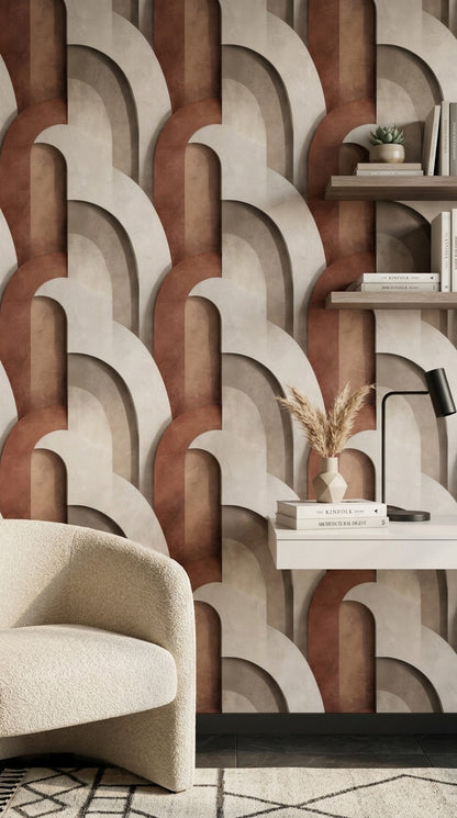 Soyut Kemer Desenli Duvar Kağıdı Bej Kiremit Modern Salon