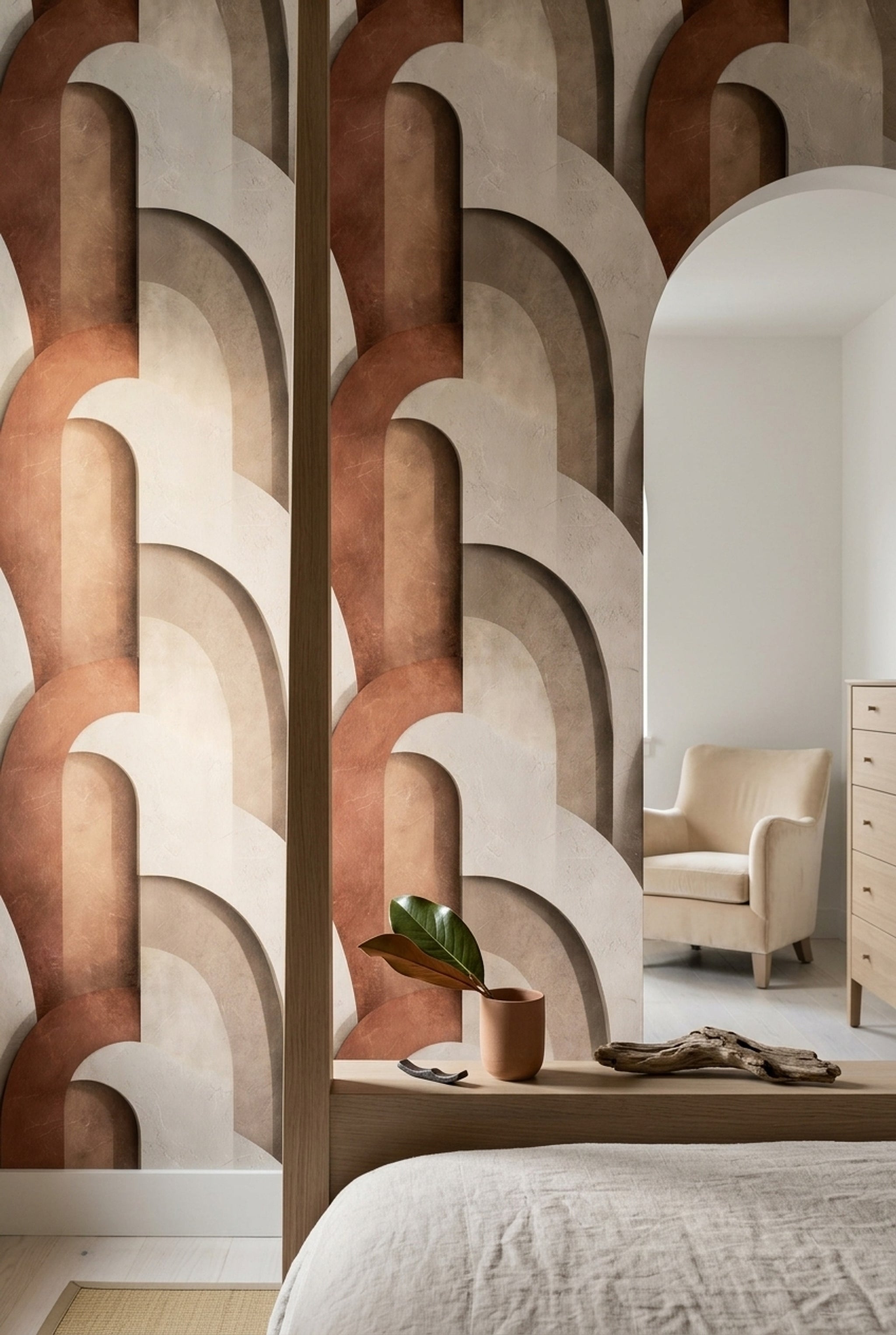 Soyut Kemer Desenli Duvar Kağıdı Bej Kiremit Modern Salon
