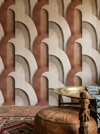 Soyut Kemer Desenli Duvar Kağıdı Bej Kiremit Modern Salon
