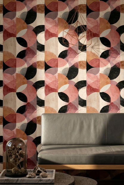Retro Geometrik Duvar Kağıdı Somon Siyah Desenli Salon