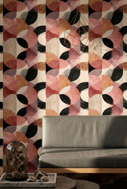 Retro Geometrik Duvar Kağıdı Somon Siyah Desenli Salon