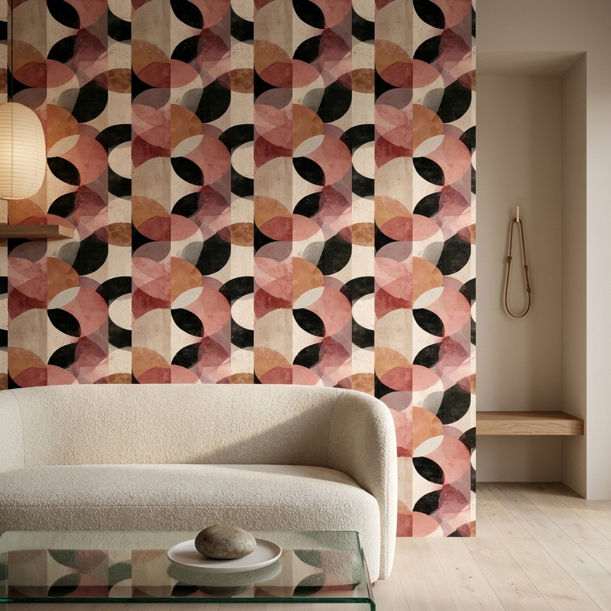 Retro Geometrik Duvar Kağıdı Somon Siyah Desenli Salon