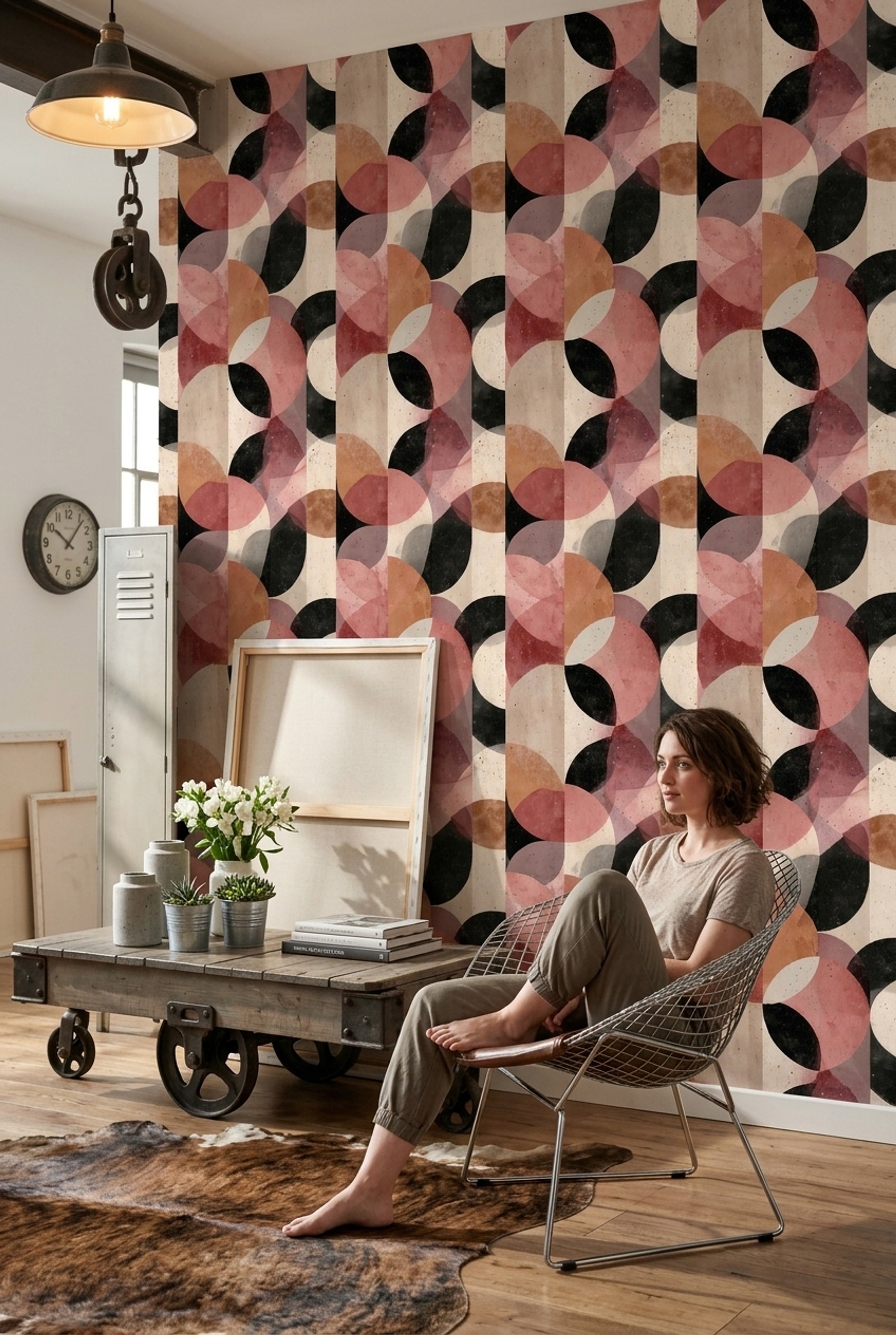 Retro Geometrik Duvar Kağıdı Somon Siyah Desenli Salon