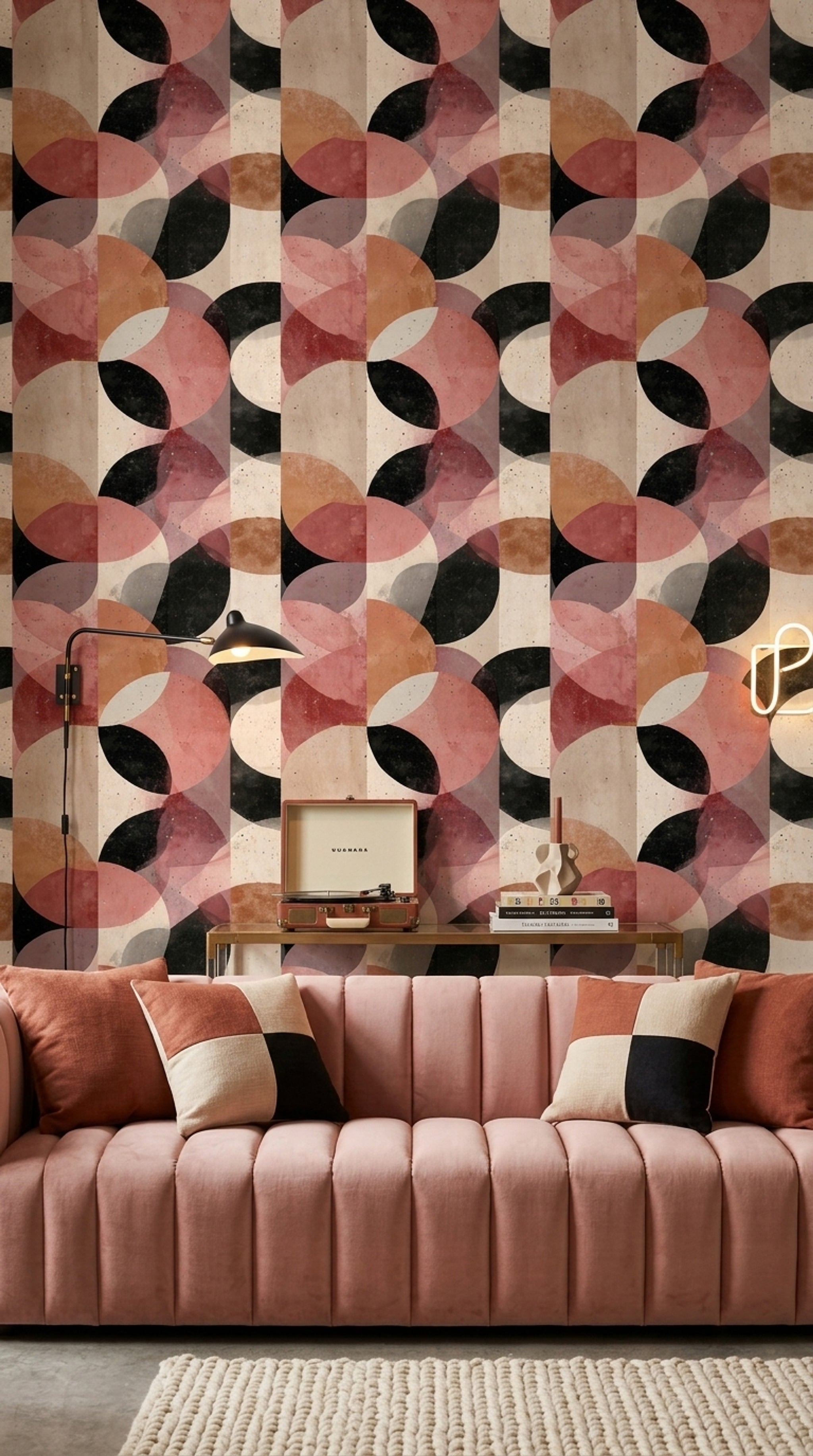 Retro Geometrik Duvar Kağıdı Somon Siyah Desenli Salon