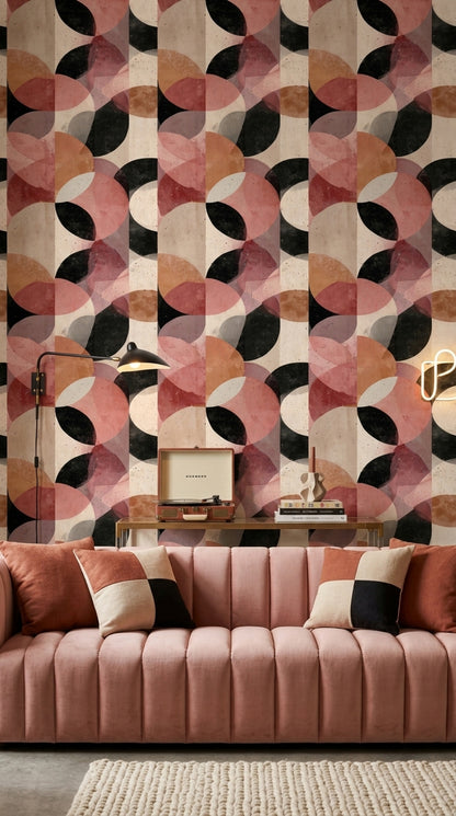 Retro Geometrik Duvar Kağıdı Somon Siyah Desenli Salon