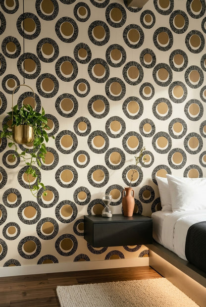 Geometrik Halkalı Duvar Kağıdı Bej Siyah Retro Salon