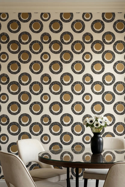Geometrik Halkalı Duvar Kağıdı Bej Siyah Retro Salon