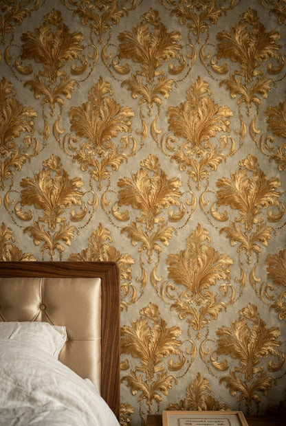 Altın Damask Desenli Duvar Kağıdı Klasik Bej Duvar Dekoru