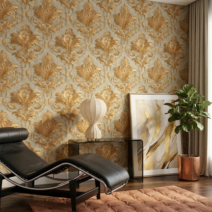 Altın Damask Desenli Duvar Kağıdı Klasik Bej Duvar Dekoru