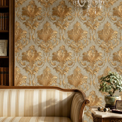 Altın Damask Desenli Duvar Kağıdı Klasik Bej Duvar Dekoru