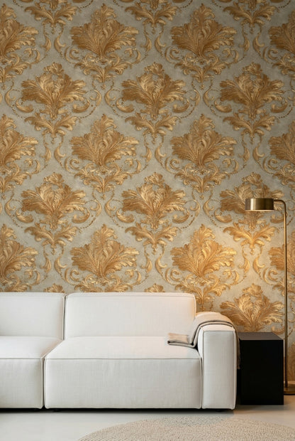 Altın Damask Desenli Duvar Kağıdı Klasik Bej Duvar Dekoru