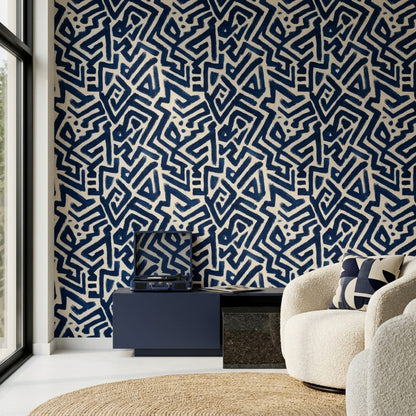Lacivert Beyaz Soyut Geometrik Duvar Kağıdı Modern Salon