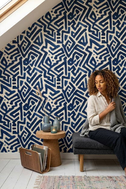 Lacivert Beyaz Soyut Geometrik Duvar Kağıdı Modern Salon