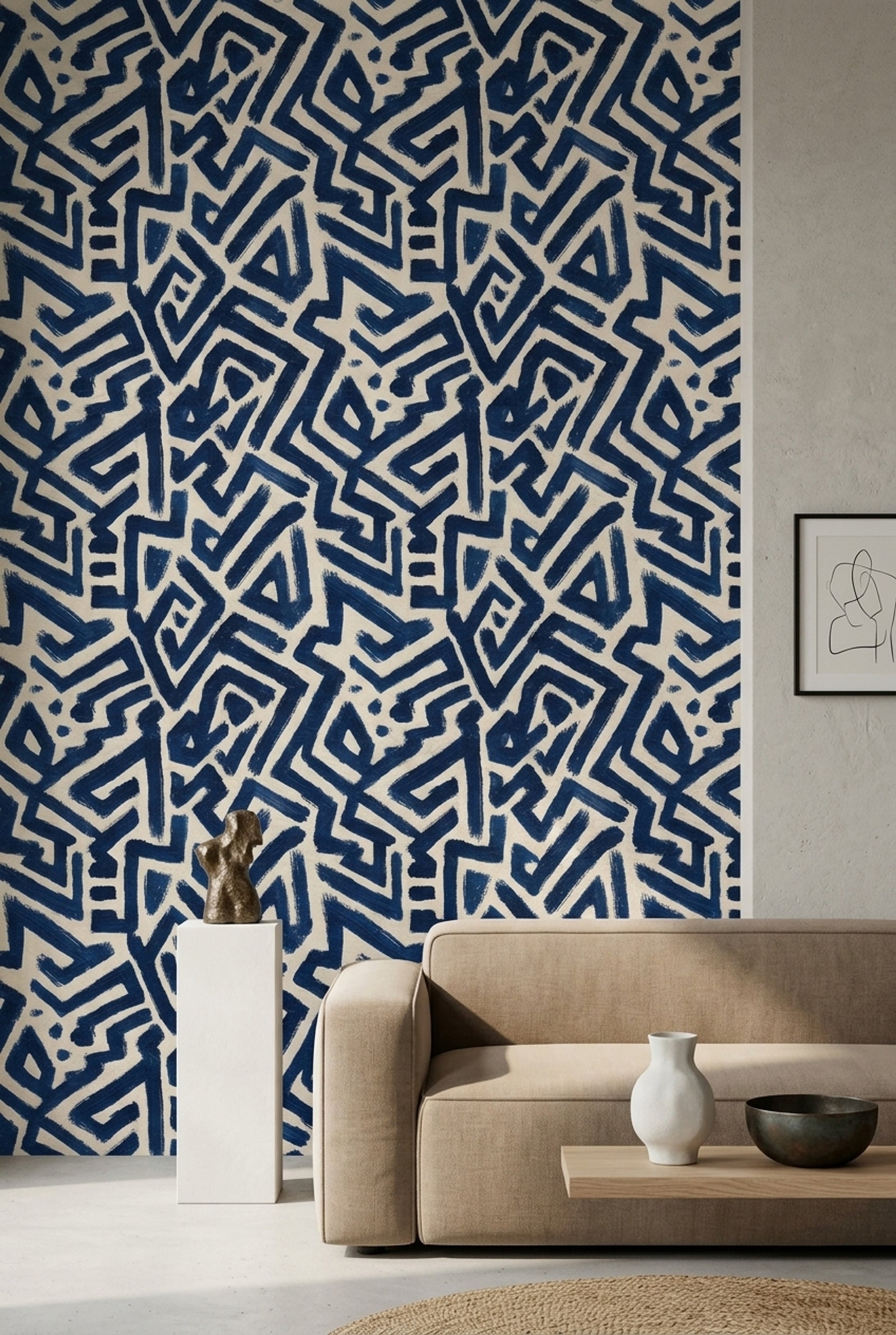 Lacivert Beyaz Soyut Geometrik Duvar Kağıdı Modern Salon