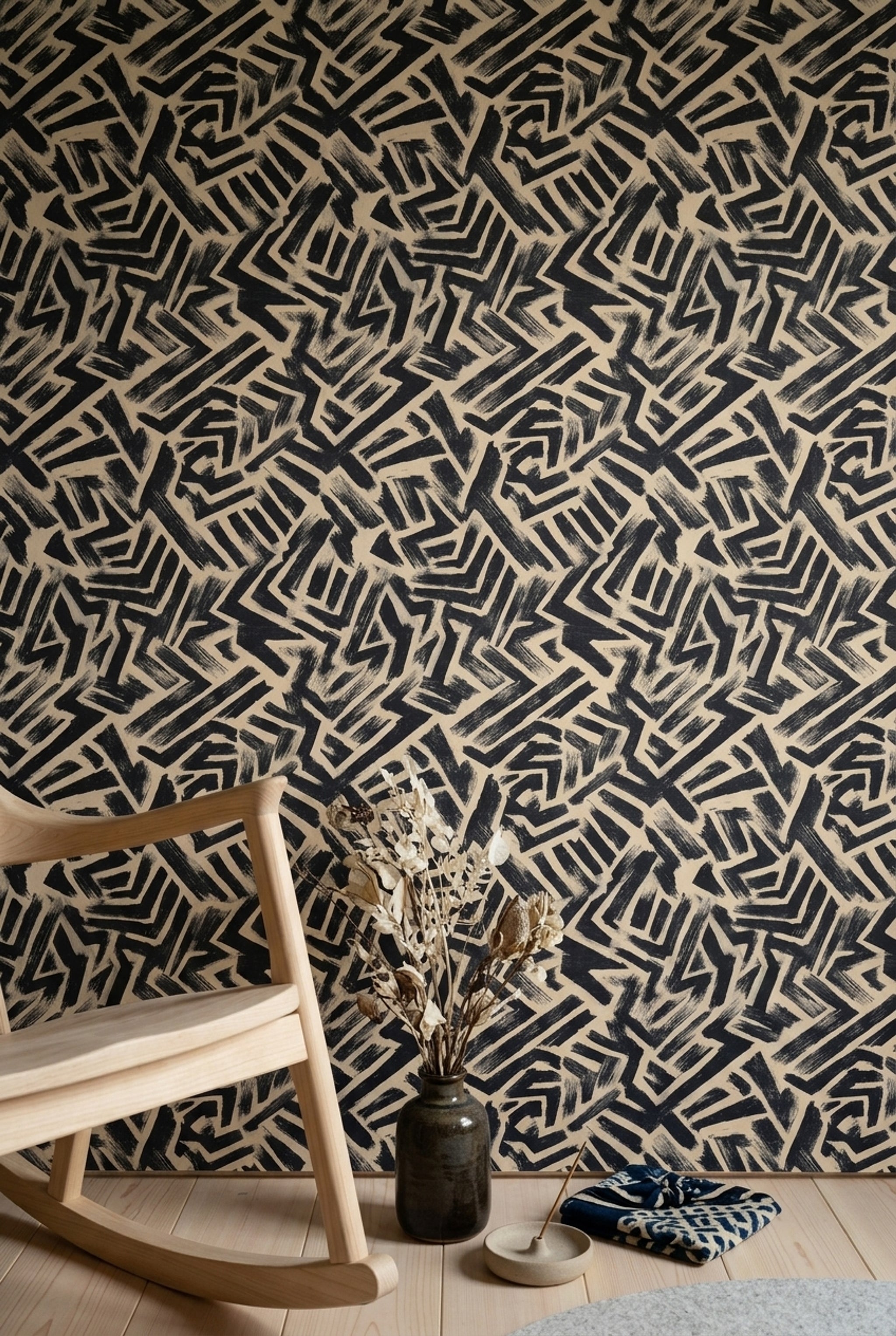 Lacivert Bej Geometrik Desenli Duvar Kağıdı Modern Salon