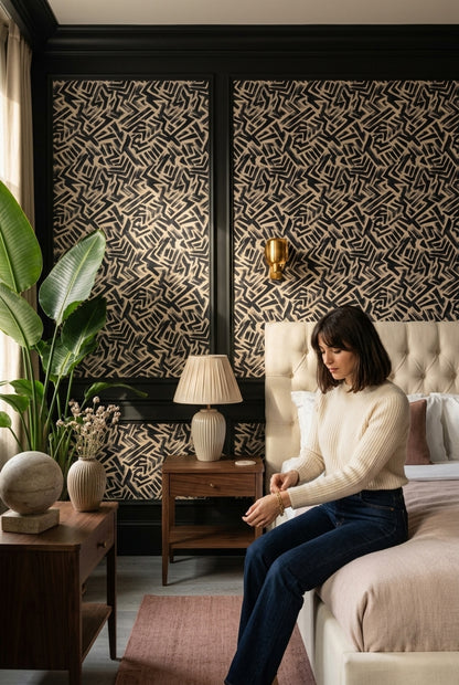 Lacivert Bej Geometrik Desenli Duvar Kağıdı Modern Salon