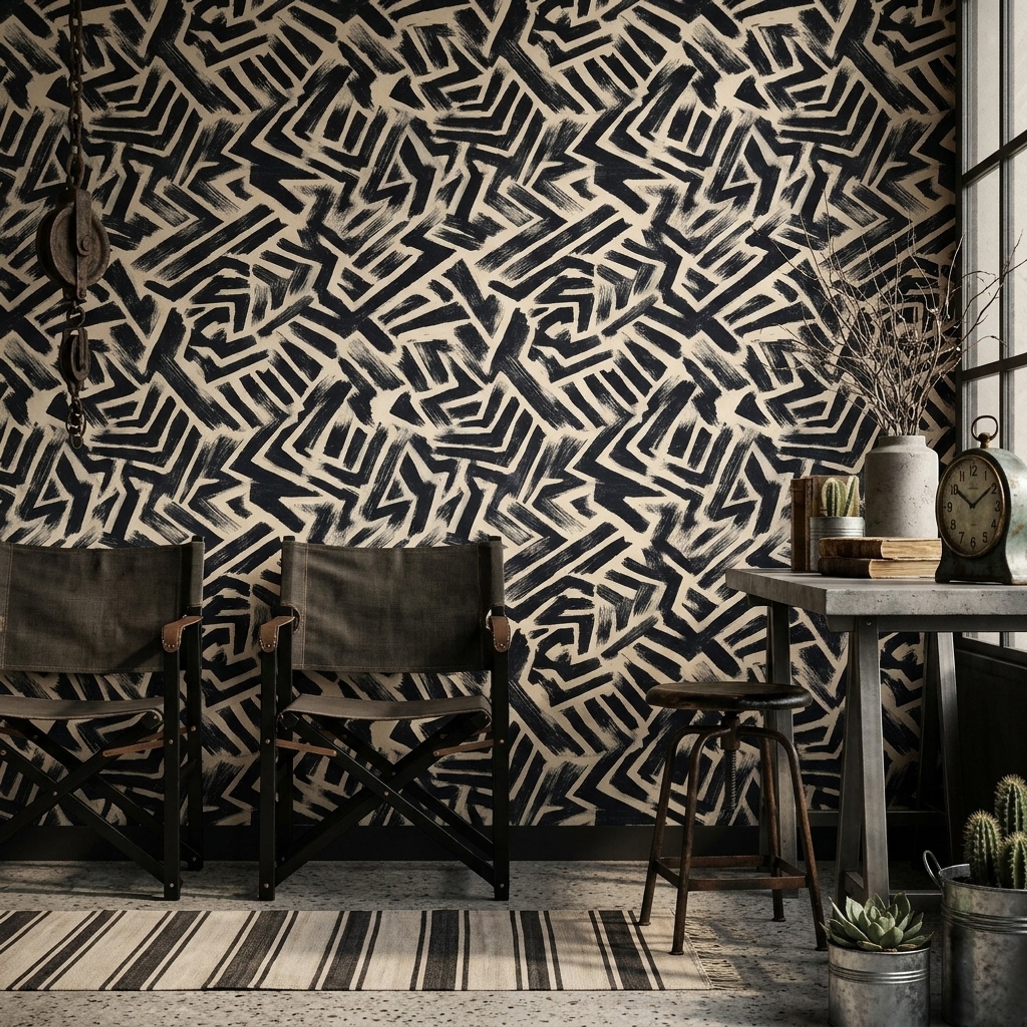 Lacivert Bej Geometrik Desenli Duvar Kağıdı Modern Salon