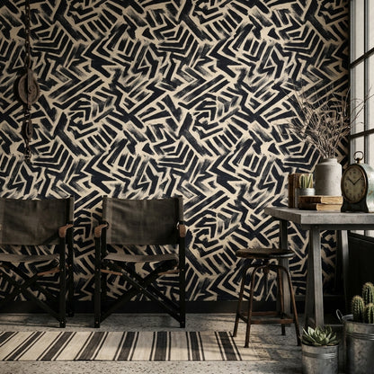 Lacivert Bej Geometrik Desenli Duvar Kağıdı Modern Salon