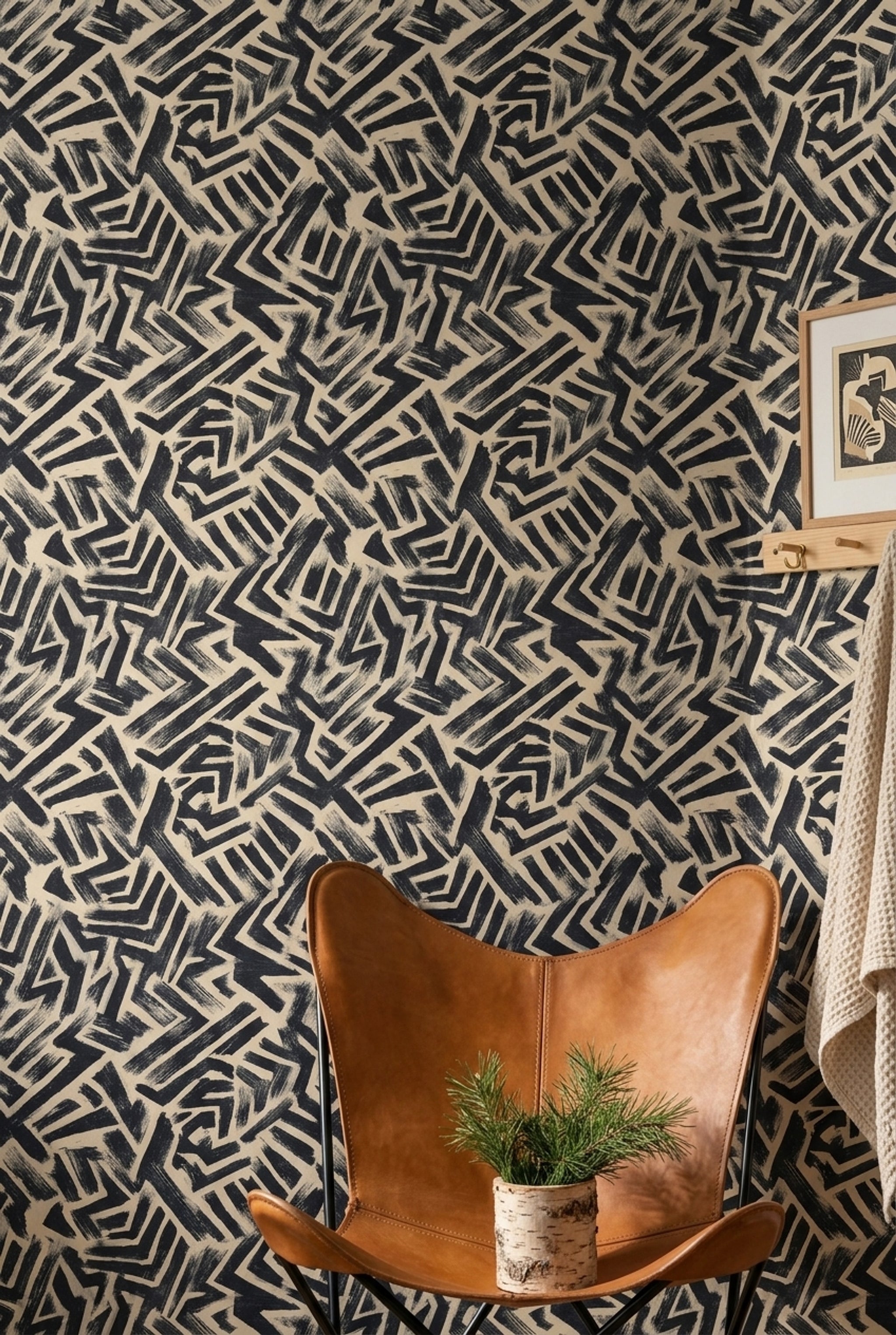 Lacivert Bej Geometrik Desenli Duvar Kağıdı Modern Salon