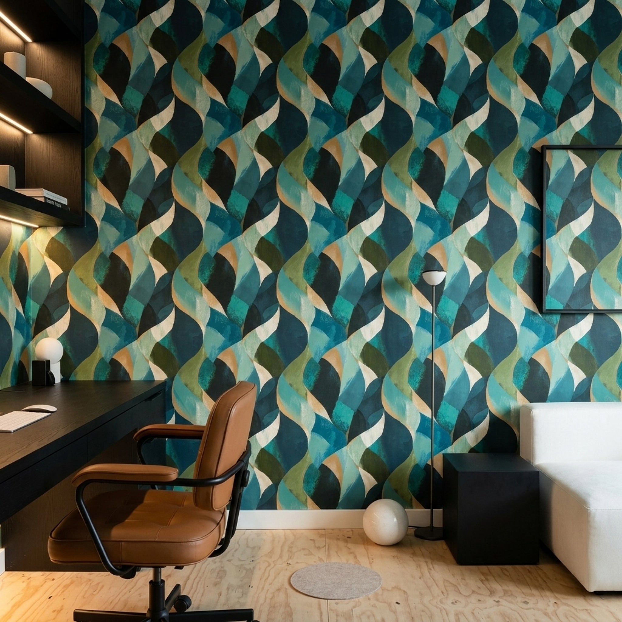 Soyut Dalga Desenli Duvar Kağıdı Mavi Yeşil Salon