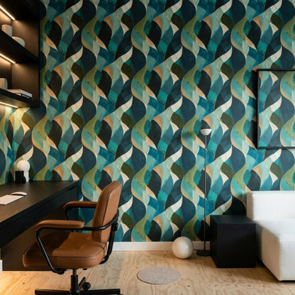 Soyut Dalga Desenli Duvar Kağıdı Mavi Yeşil Salon