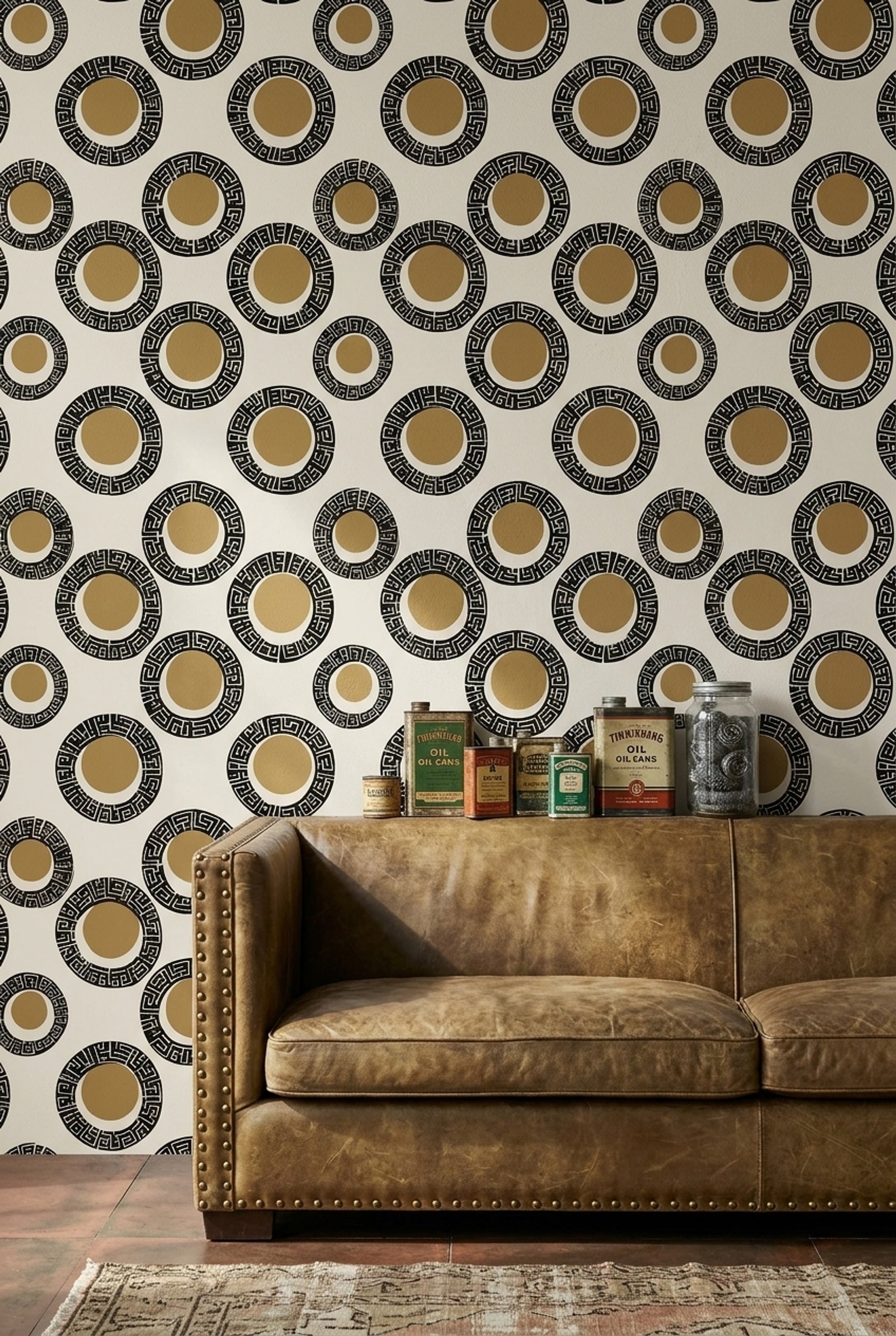 Geometrik Halkalı Duvar Kağıdı Bej Siyah Retro Salon