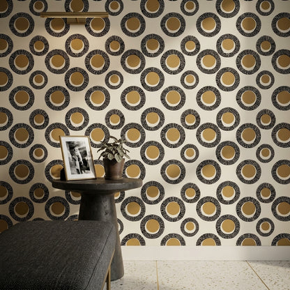 Geometrik Halkalı Duvar Kağıdı Bej Siyah Retro Salon