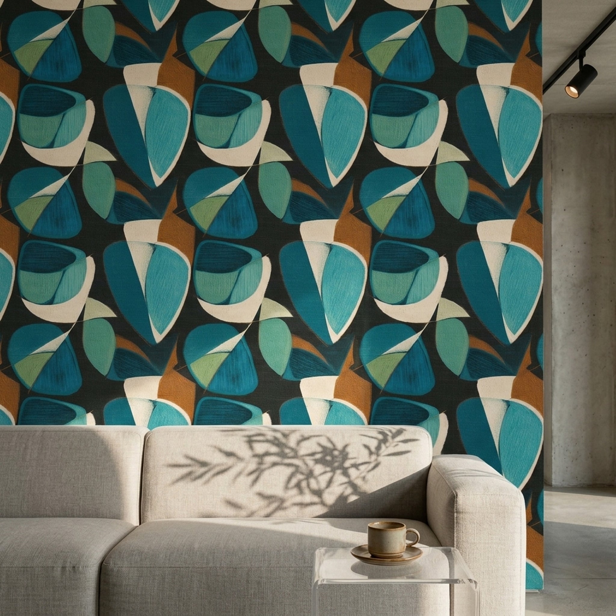 Geometrik Desenli Duvar Kağıdı Lacivert Turkuaz Modern Salon