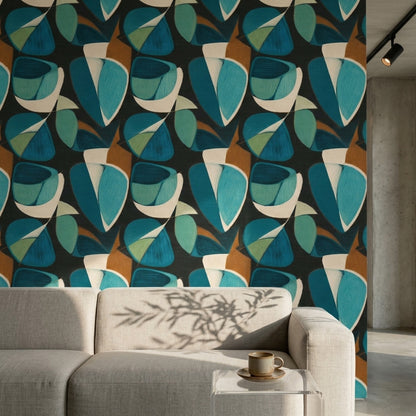 Geometrik Desenli Duvar Kağıdı Lacivert Turkuaz Modern Salon
