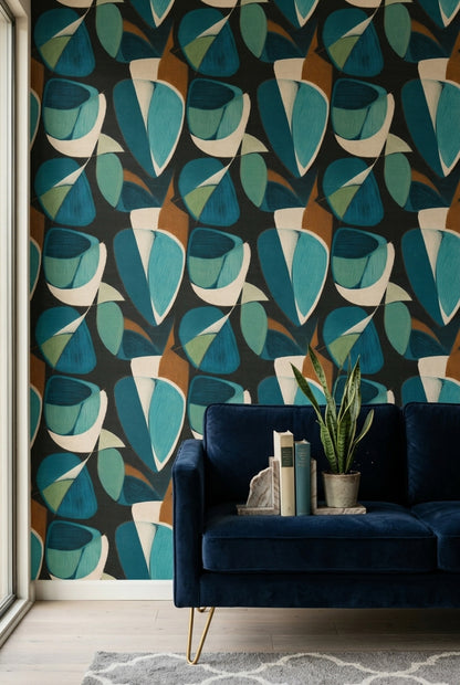 Geometrik Desenli Duvar Kağıdı Lacivert Turkuaz Modern Salon