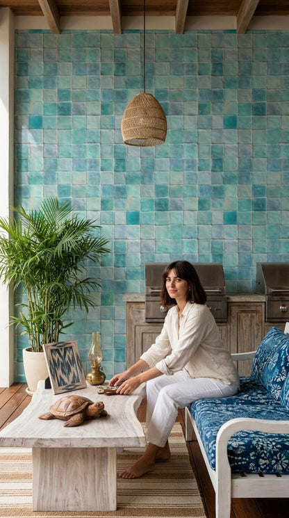 Turkuaz Mozaik Desenli Duvar Kağıdı Modern Banyo Dekoru