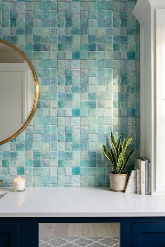 Turkuaz Mozaik Desenli Duvar Kağıdı Modern Banyo Dekoru