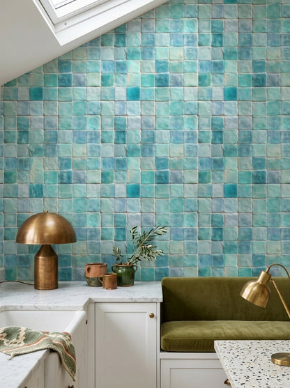 Turkuaz Mozaik Desenli Duvar Kağıdı Modern Banyo Dekoru