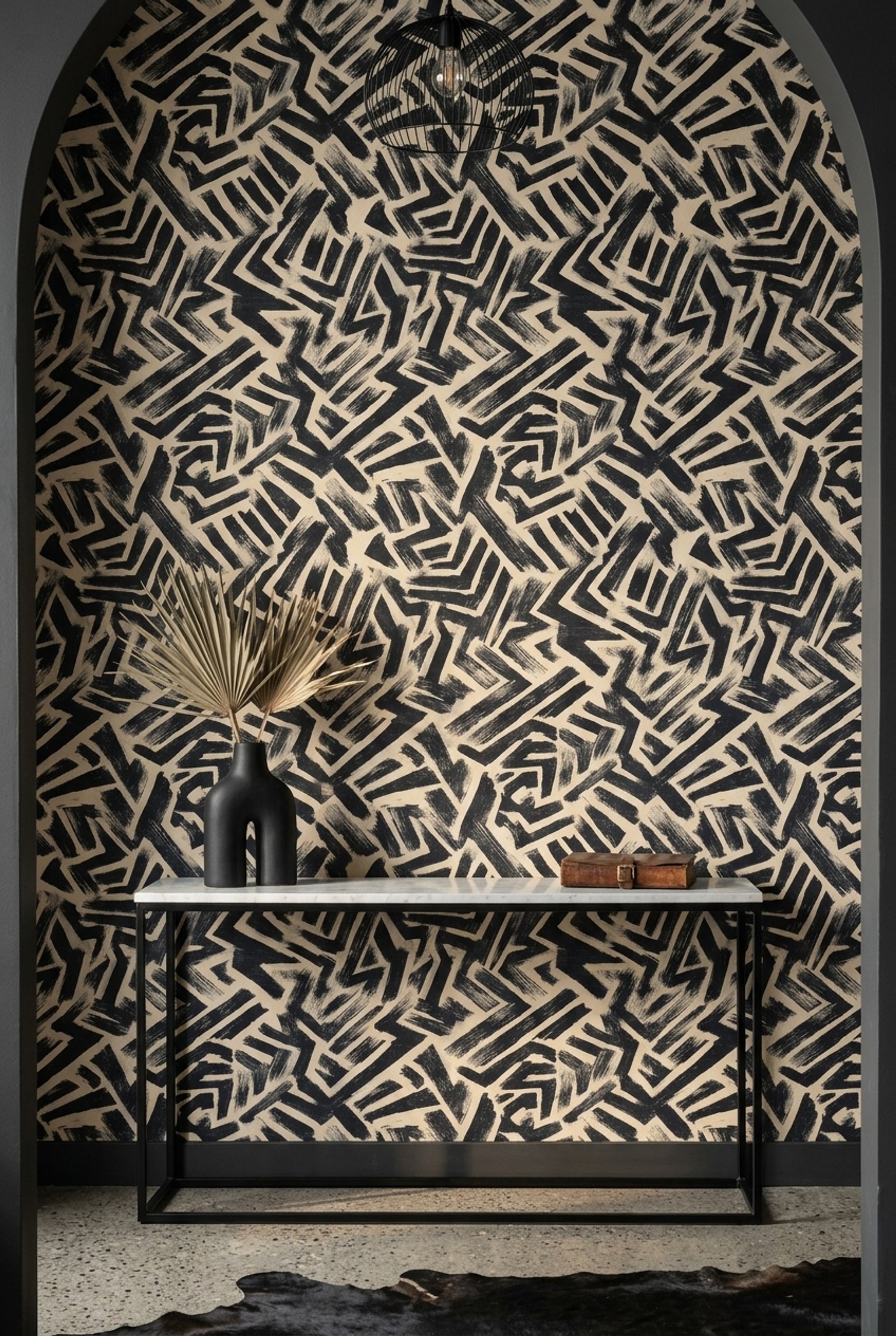 Lacivert Bej Geometrik Desenli Duvar Kağıdı Modern Salon