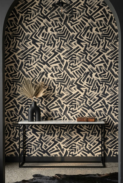 Lacivert Bej Geometrik Desenli Duvar Kağıdı Modern Salon