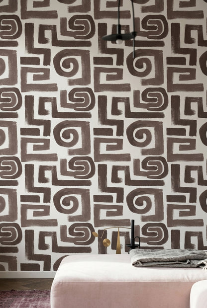 Geometrik Labirent Desenli Duvar Kağıdı Kahverengi Modern Salon