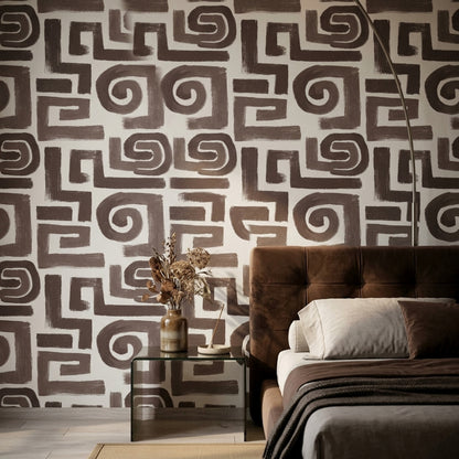 Geometrik Labirent Desenli Duvar Kağıdı Kahverengi Modern Salon
