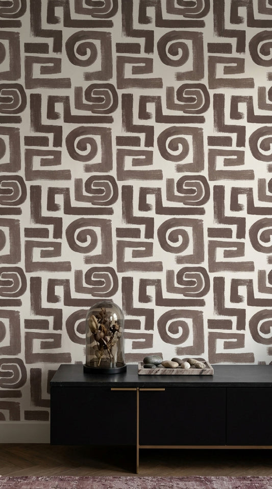Geometrik Labirent Desenli Duvar Kağıdı Kahverengi Modern Salon