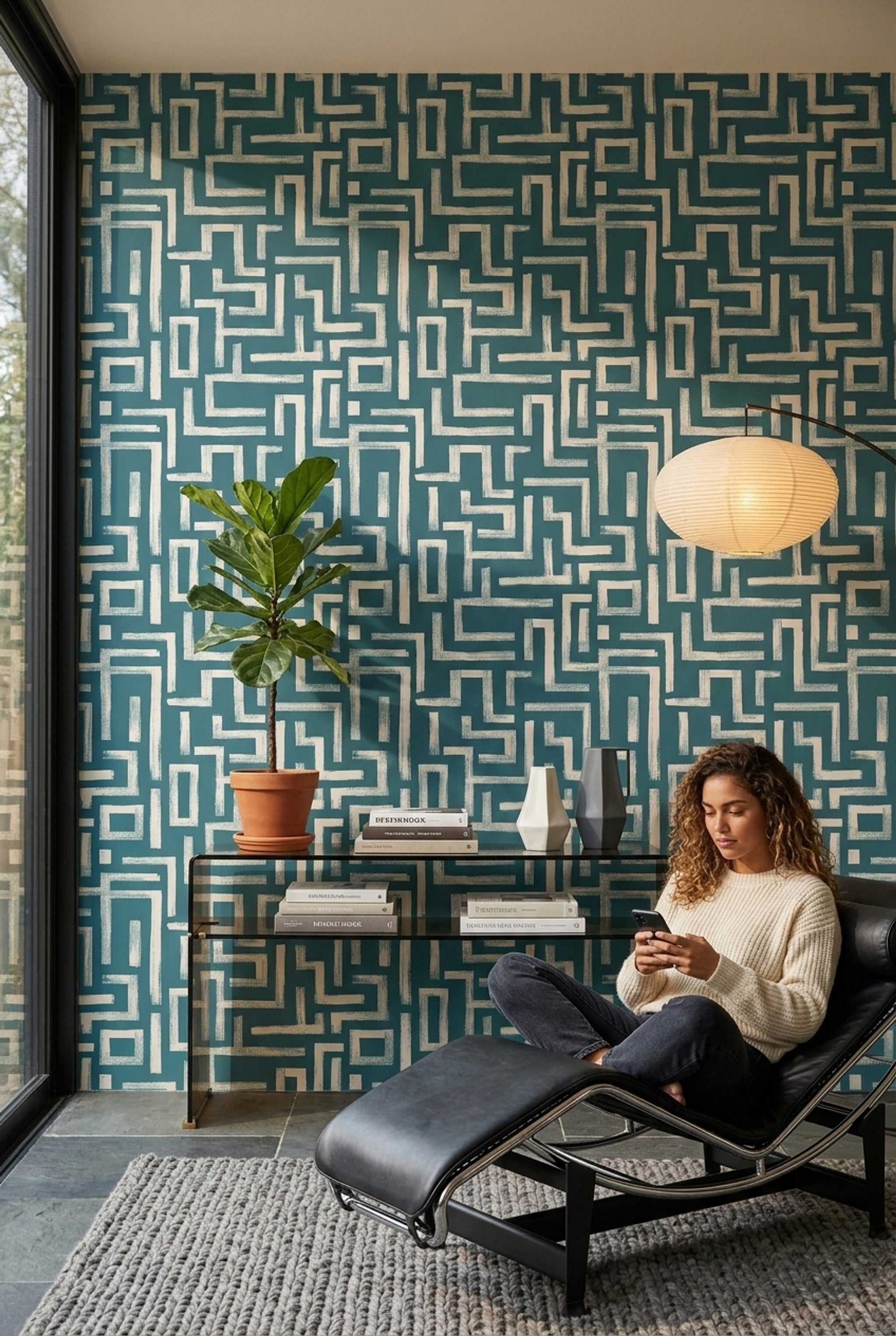 Geometrik Labirent Duvar Kağıdı Petrol Mavi Krem Salon