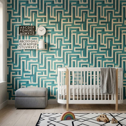Geometrik Labirent Desenli Duvar Kağıdı Turkuaz Salon Dekoru