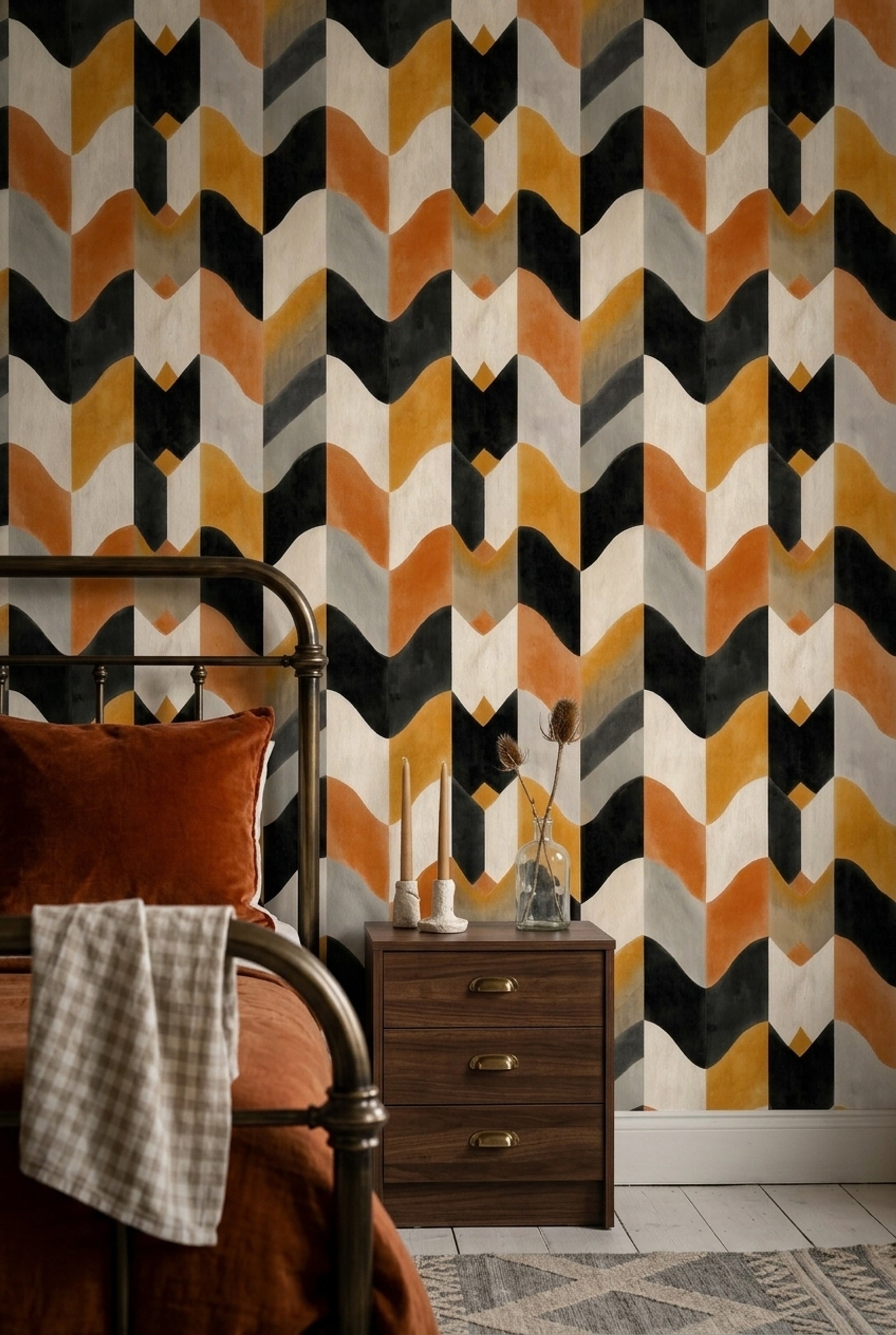 Geometrik Dalga Desenli Duvar Kağıdı Siyah Hardal Modern