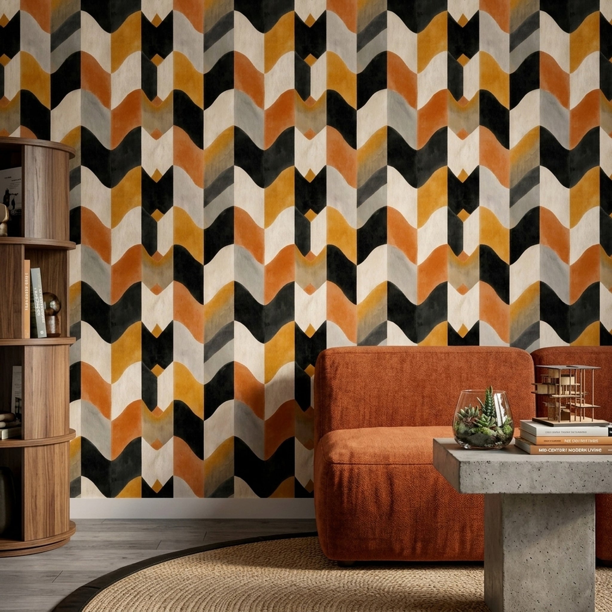 Geometrik Dalga Desenli Duvar Kağıdı Siyah Hardal Modern