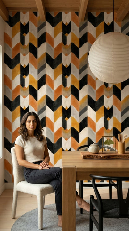 Geometrik Dalga Desenli Duvar Kağıdı Siyah Hardal Modern