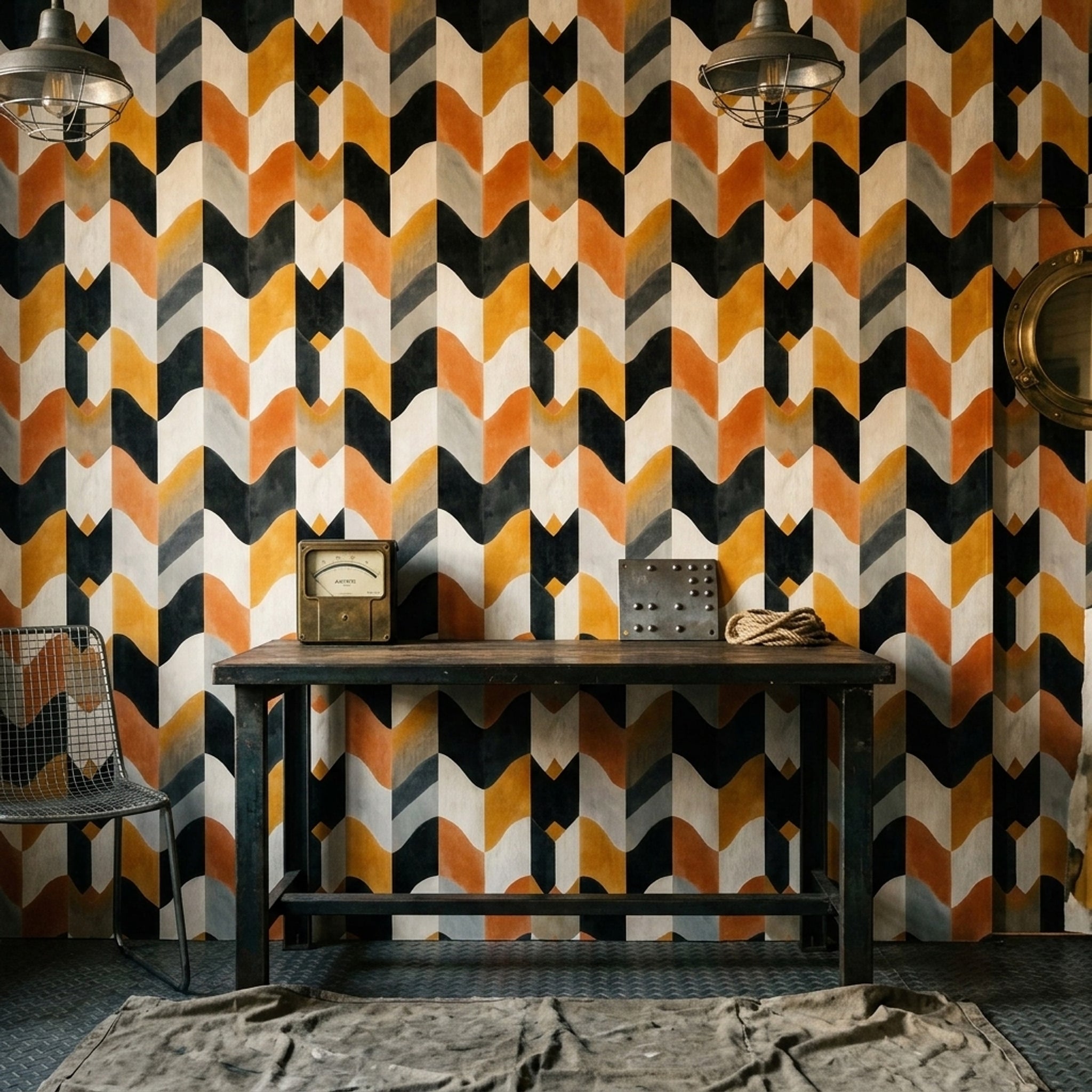 Geometrik Dalga Desenli Duvar Kağıdı Siyah Hardal Modern
