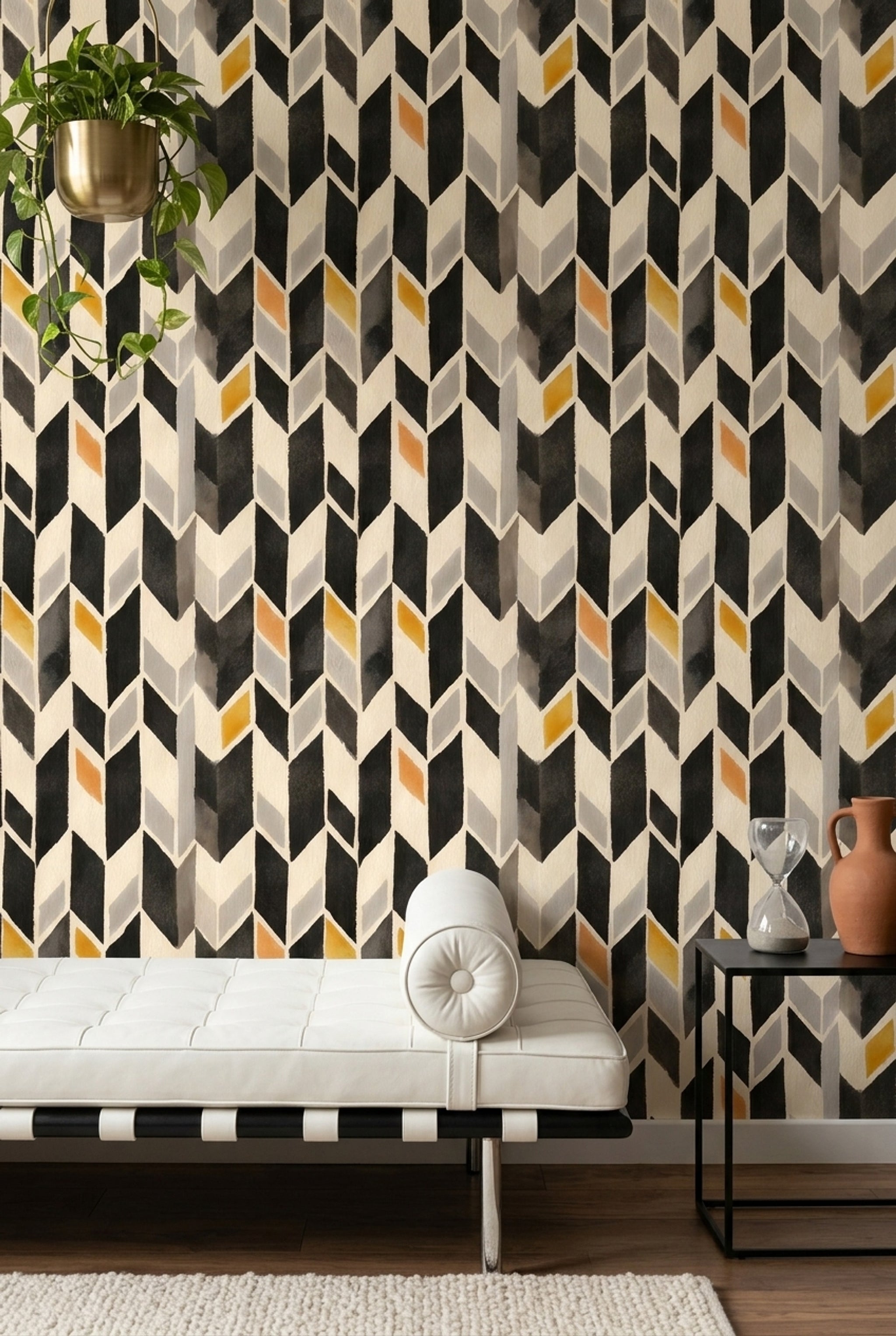 Geometrik Küp Desenli Duvar Kağıdı Siyah Sarı Salon